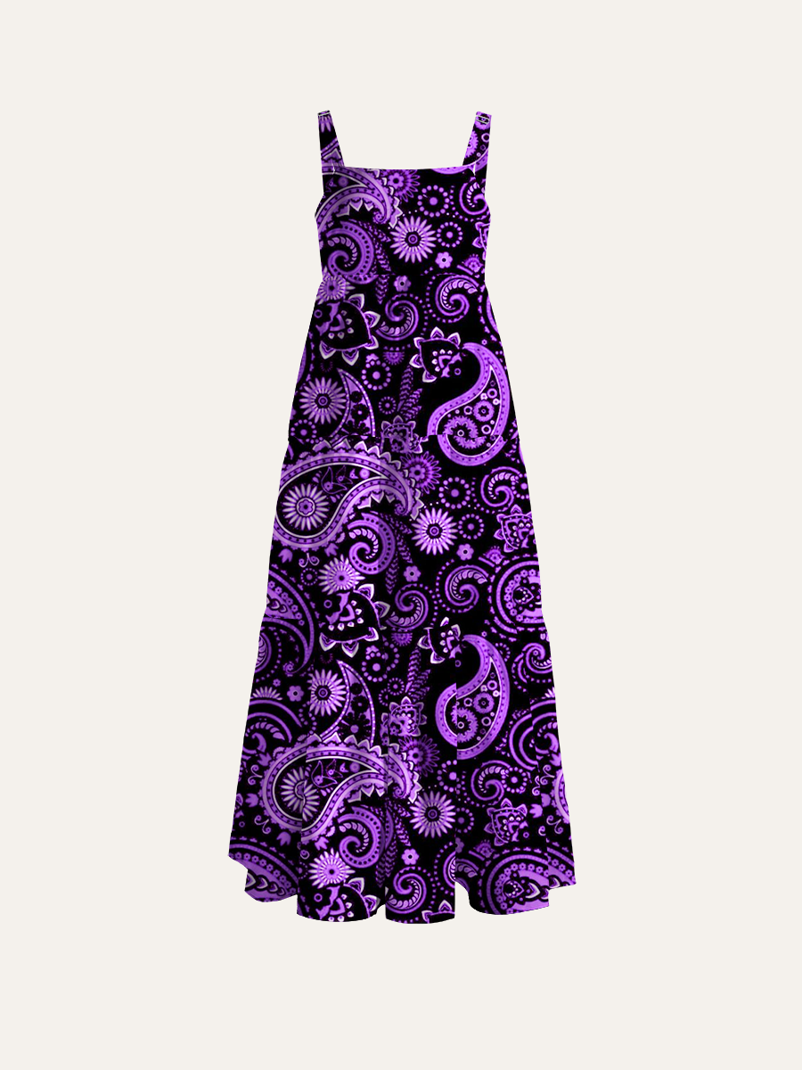 Purple Paisley Black Base Vintage Bohemian Adjustable Wide Straps Maxi Dress