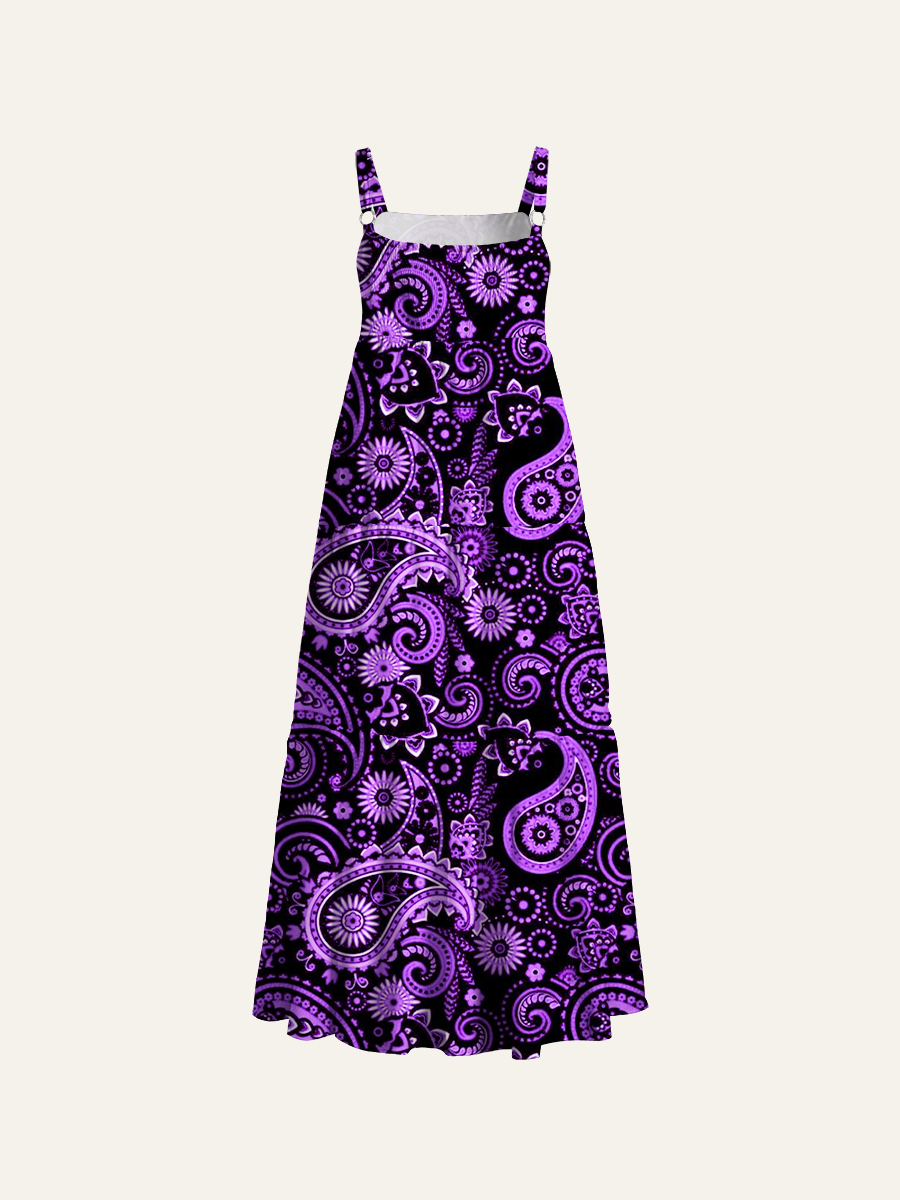 Purple Paisley Black Base Vintage Bohemian Adjustable Wide Straps Maxi Dress
