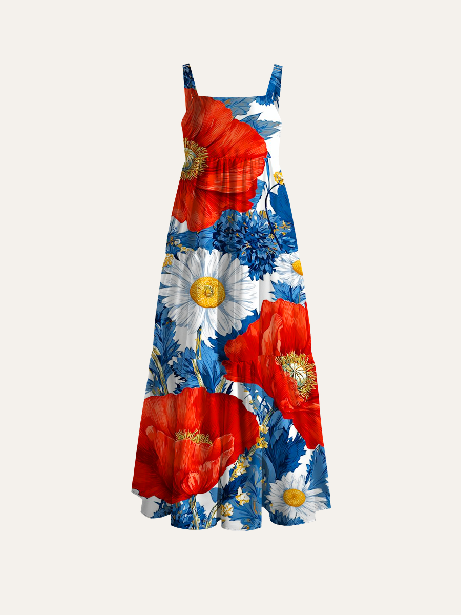 Red Poppy & Blue Cornflower Watercolor Floral Adjustable Wide Straps Maxi Dress