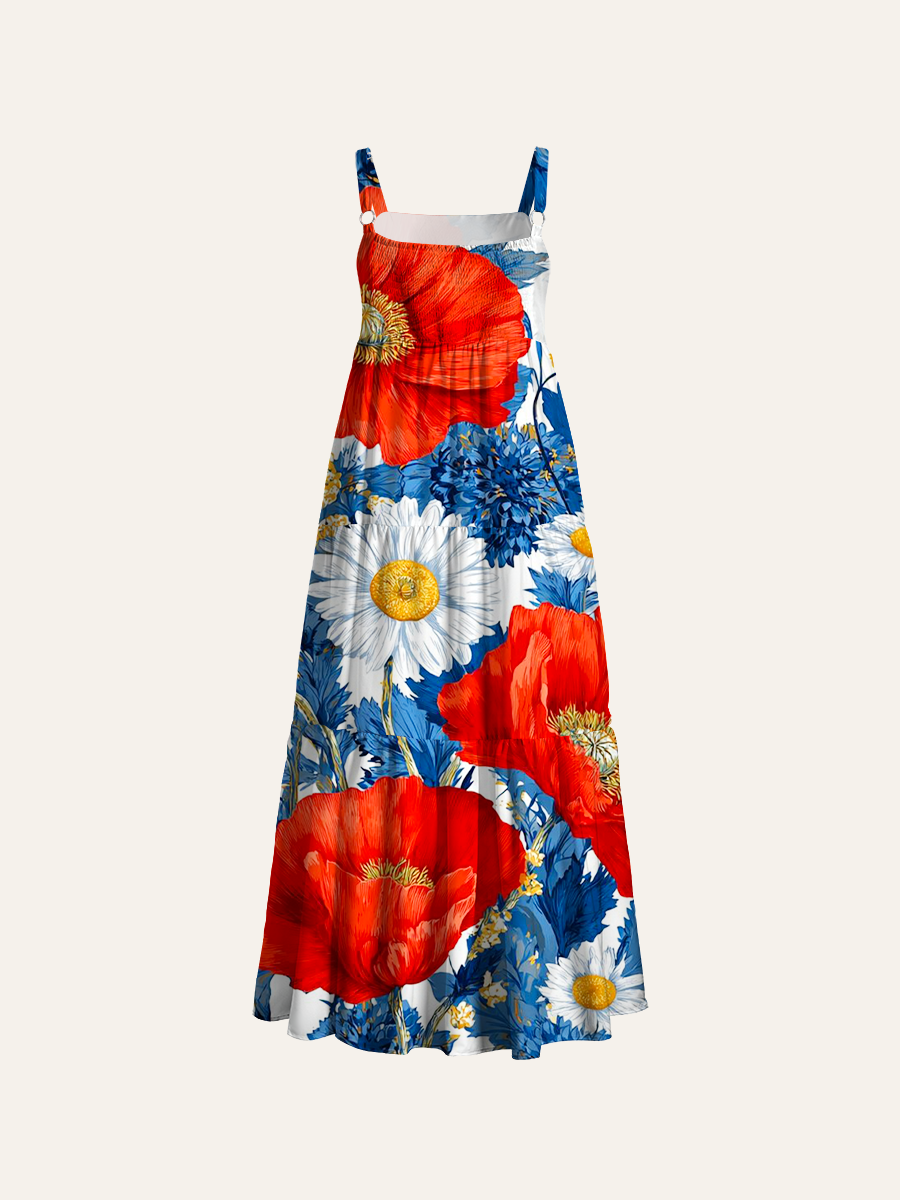 Red Poppy & Blue Cornflower Watercolor Floral Adjustable Wide Straps Maxi Dress