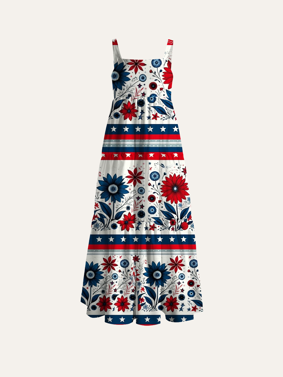 Patriotic Red Blue Floral Folk Art Border Adjustable Wide Straps Maxi Dress