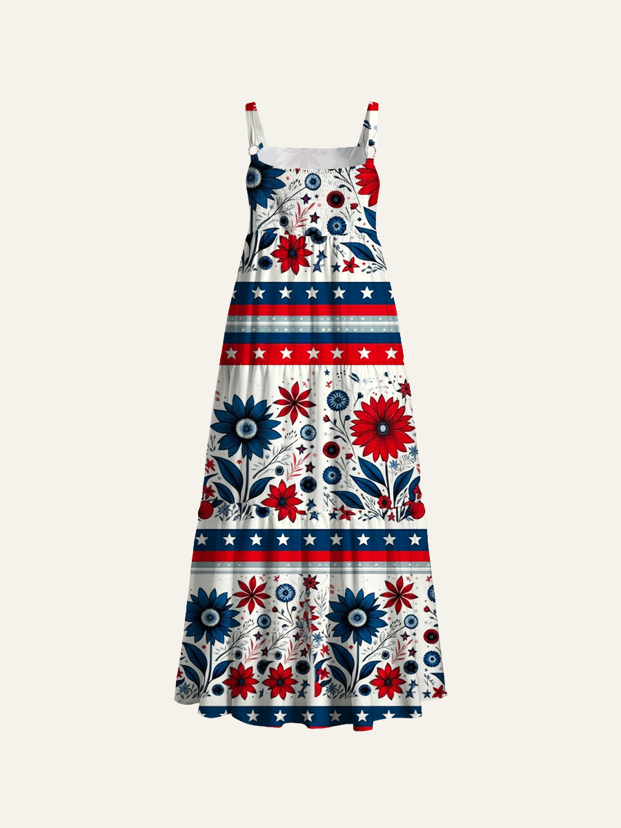 Patriotic Red Blue Floral Folk Art Border Adjustable Wide Straps Maxi Dress
