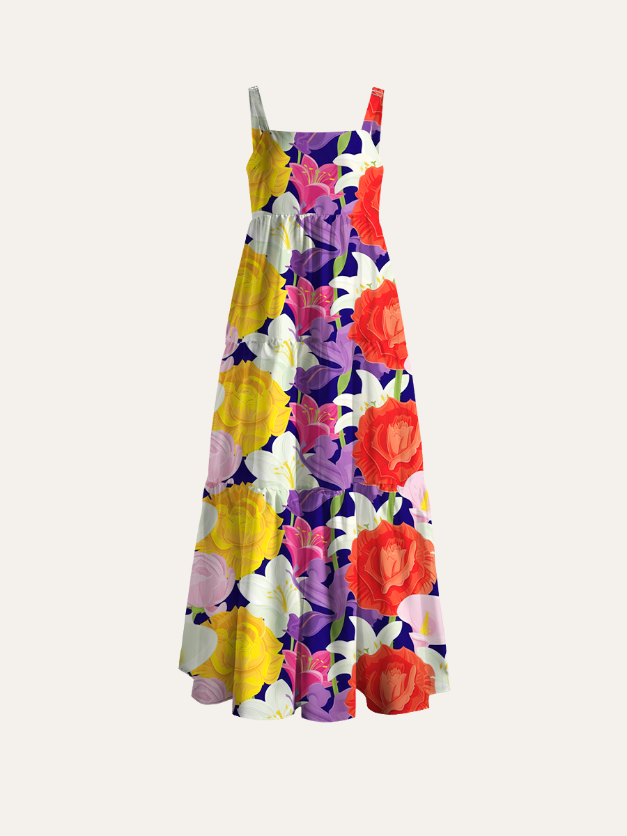 Multi-color Tropical Floral Navy Base Adjustable Wide Straps Maxi Dress