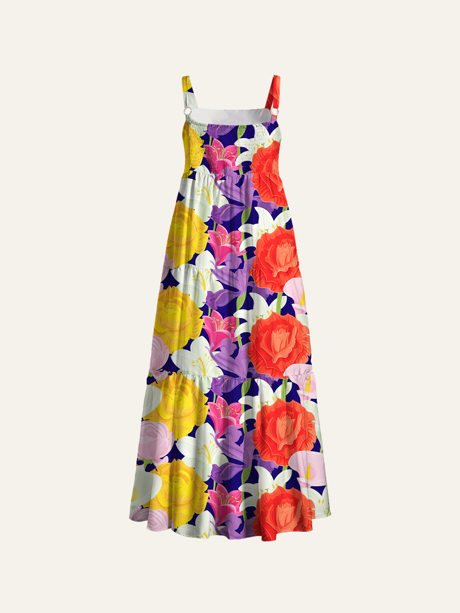 Multi-color Tropical Floral Navy Base Adjustable Wide Straps Maxi Dress