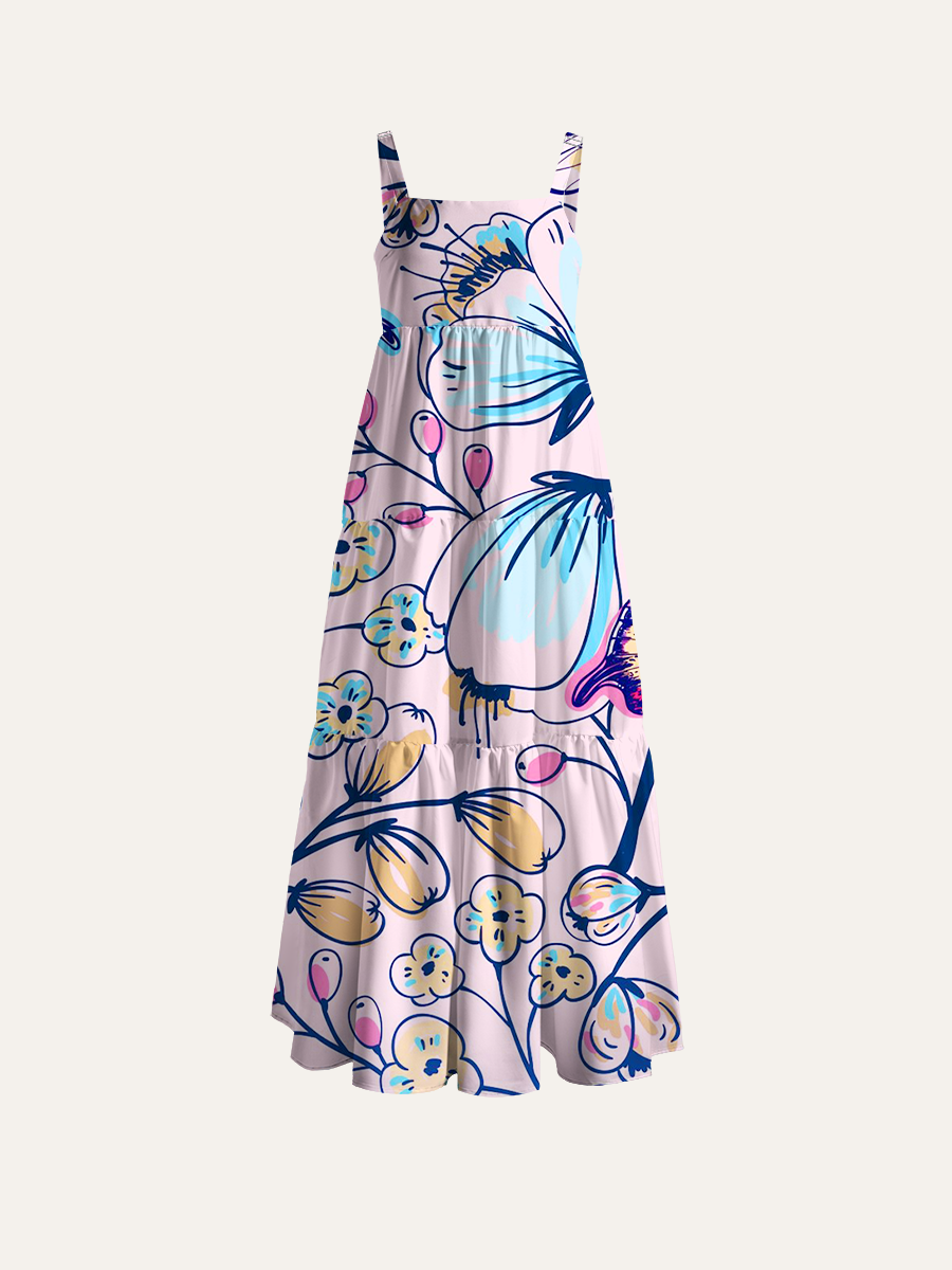 Colorful Butterfly Floral Streetwear Adjustable Wide Straps Maxi Dress