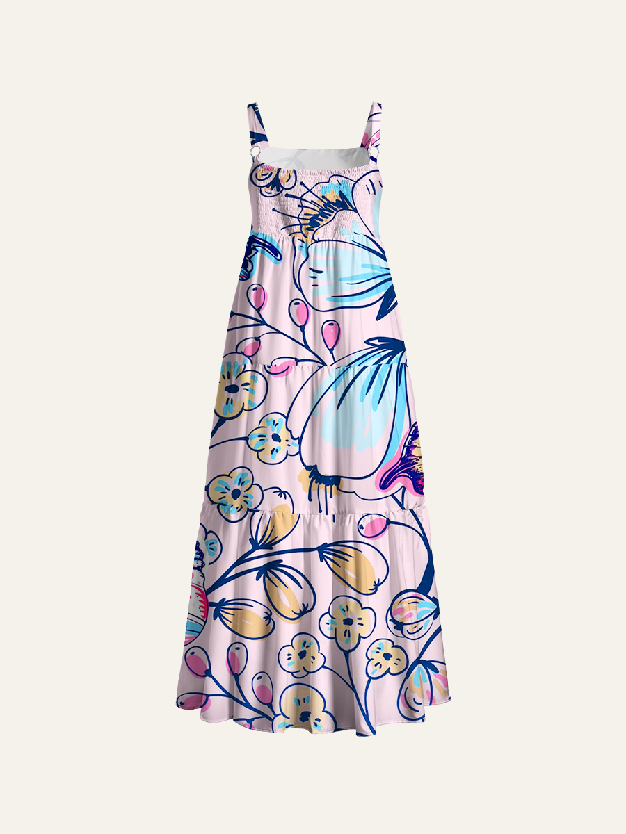 Colorful Butterfly Floral Streetwear Adjustable Wide Straps Maxi Dress