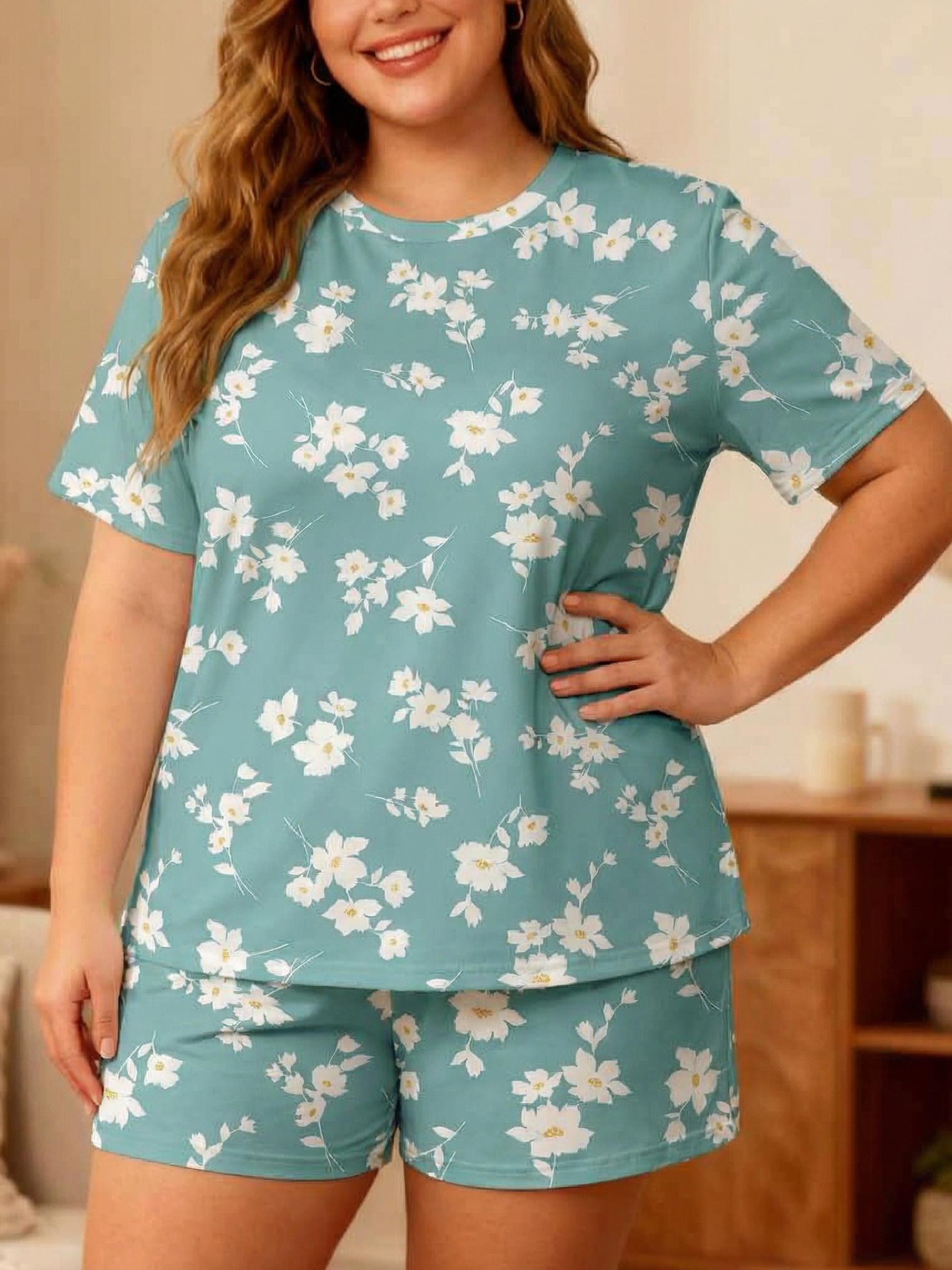 Vintage Mint White Blossom Short Pajamas