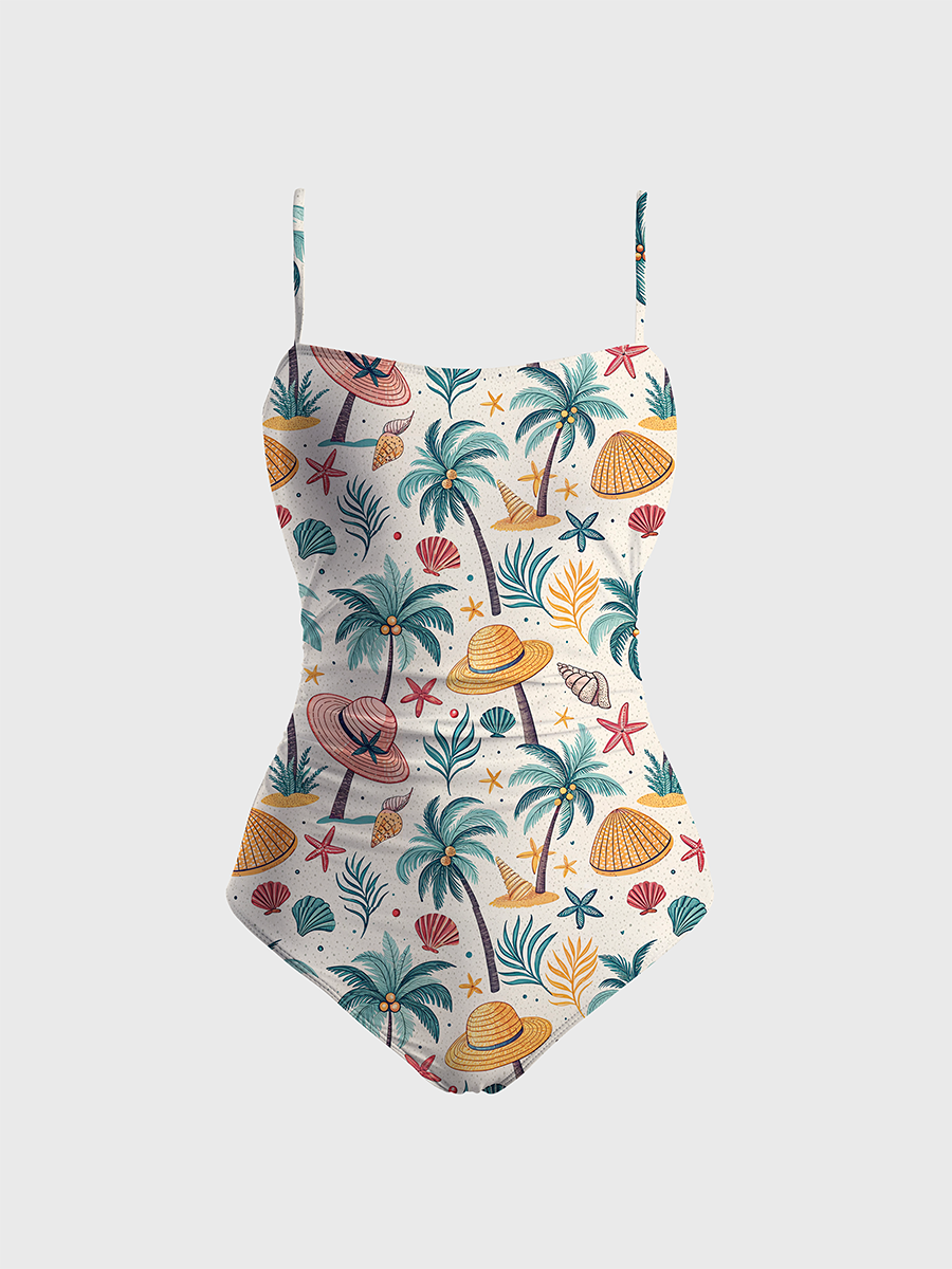 Vintage Summer Beach Vacation One Piece Slim-Strap Swimsuit