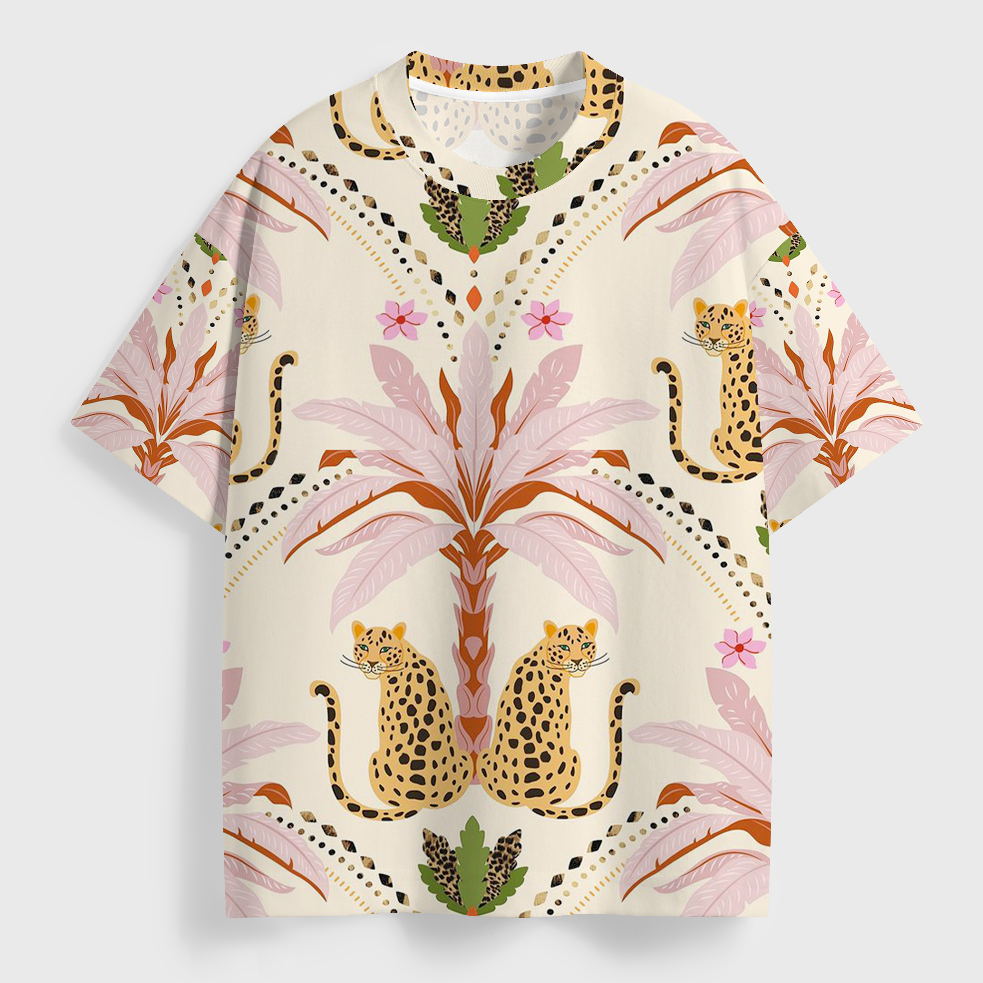 Vintage Tropical Leopard And Palm Tree Over Print T-Shirt