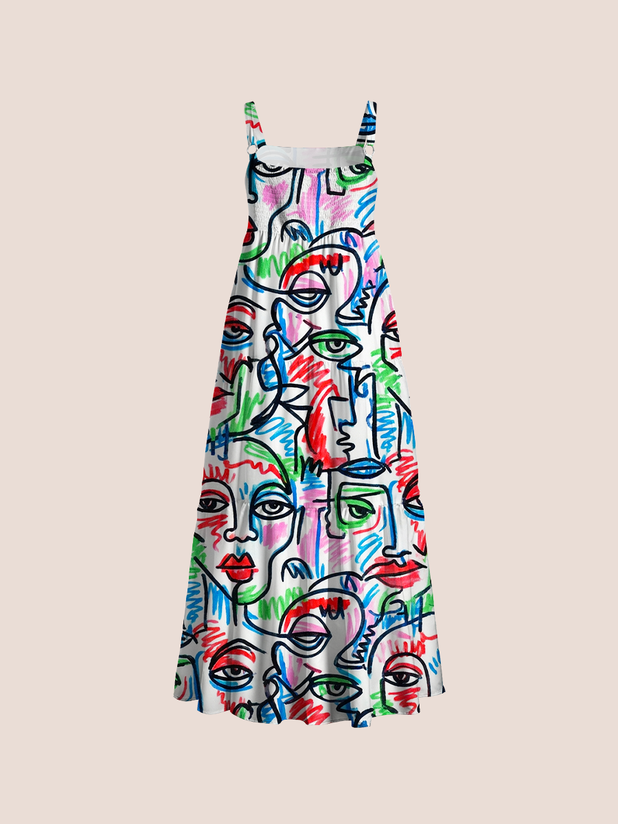 Colorful Abstract Line-Art Faces Adjustable Wide Straps Maxi Dress