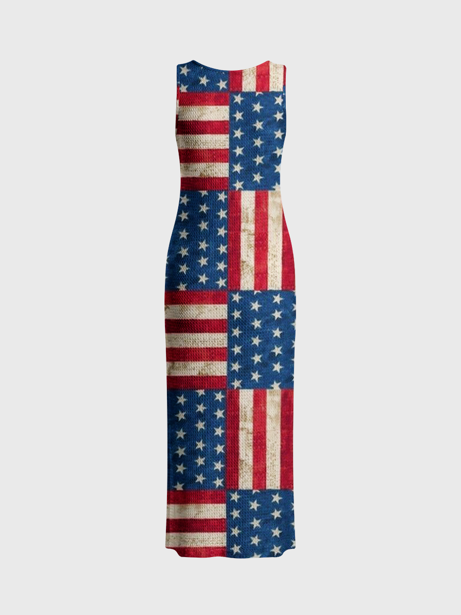 American Flag Patchwork Open Stitch Midi Dress