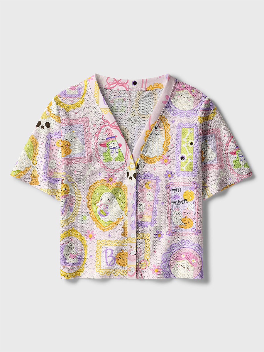 Groovy Flower Ghost Peace Symbol Crochet Button Down Cardigan
