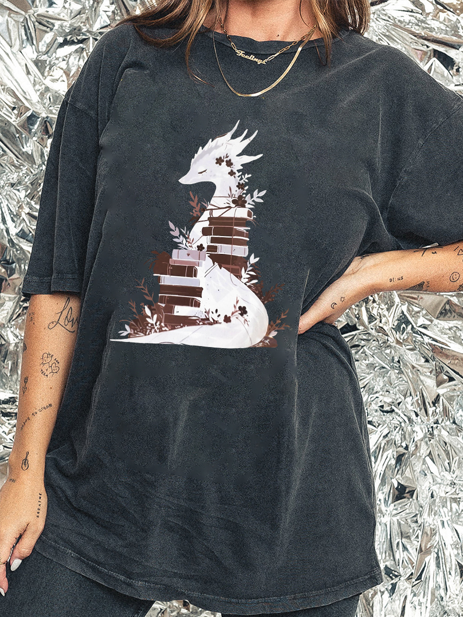 Vintage Book Dragon Fantasy Reader Washed T-Shirt