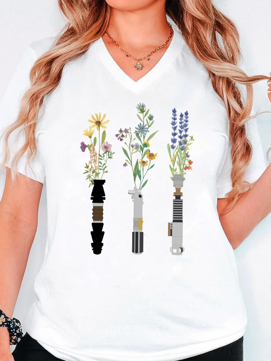 Vintage Floral Lightsaber V-Neck Tee