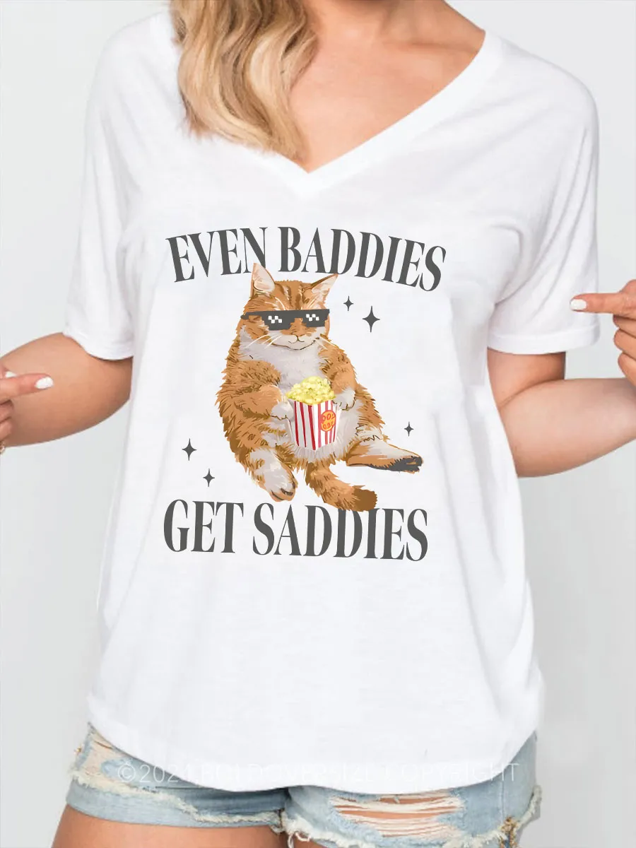 Vintage Cat Even Baddies Get Saddies V-Neck Tee