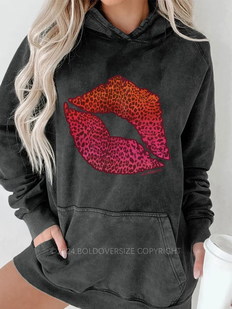 Vintage Leopard Sunset Kiss Lips Washed Hoodie