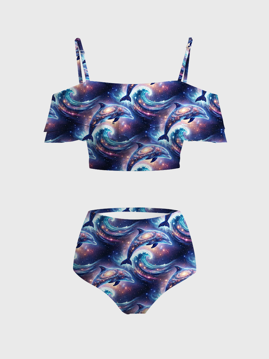 Vintage Dolphins Two Piece Ruffled Tankini Swimsuit
