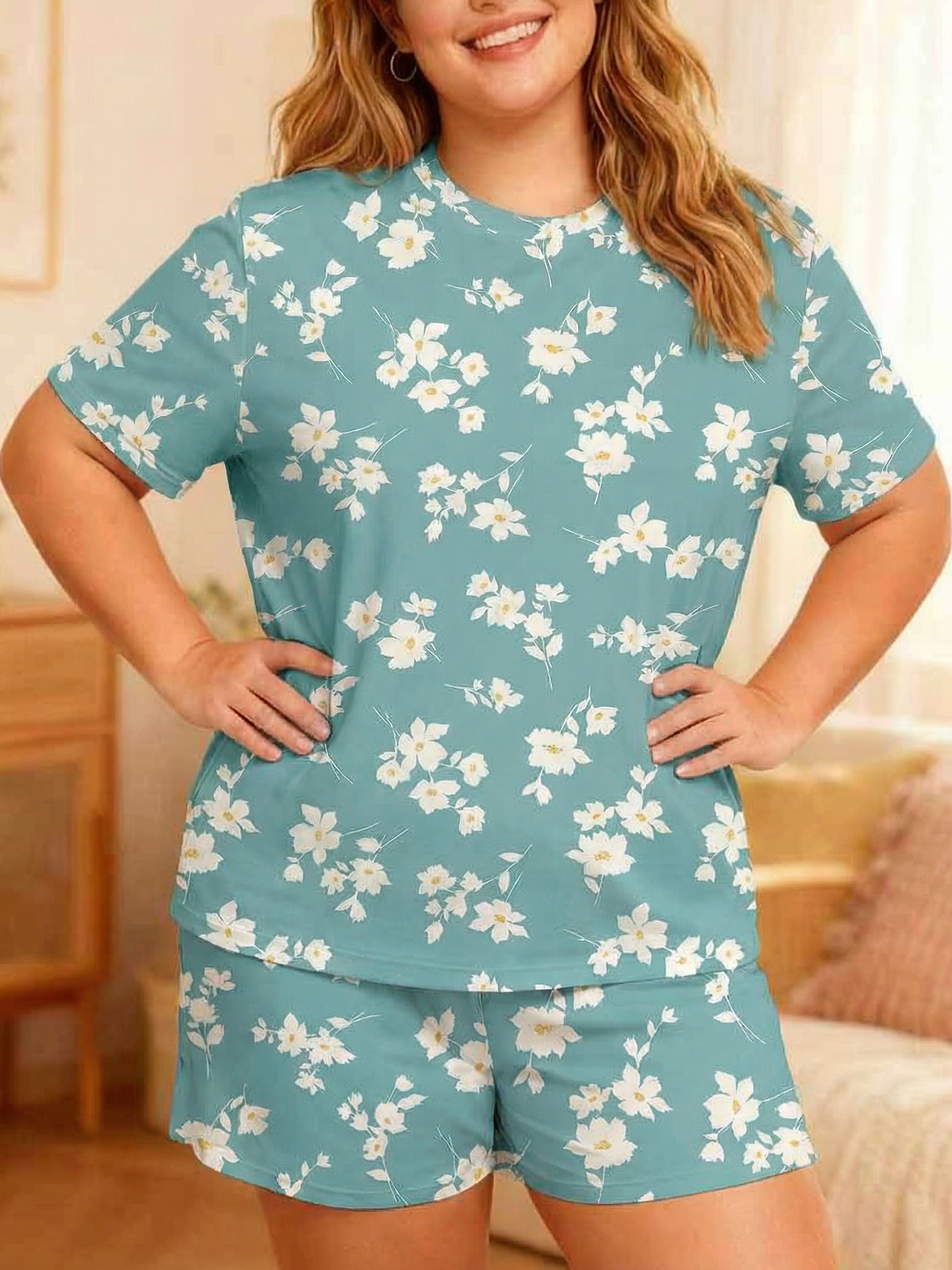 Vintage Mint White Blossom Short Pajamas