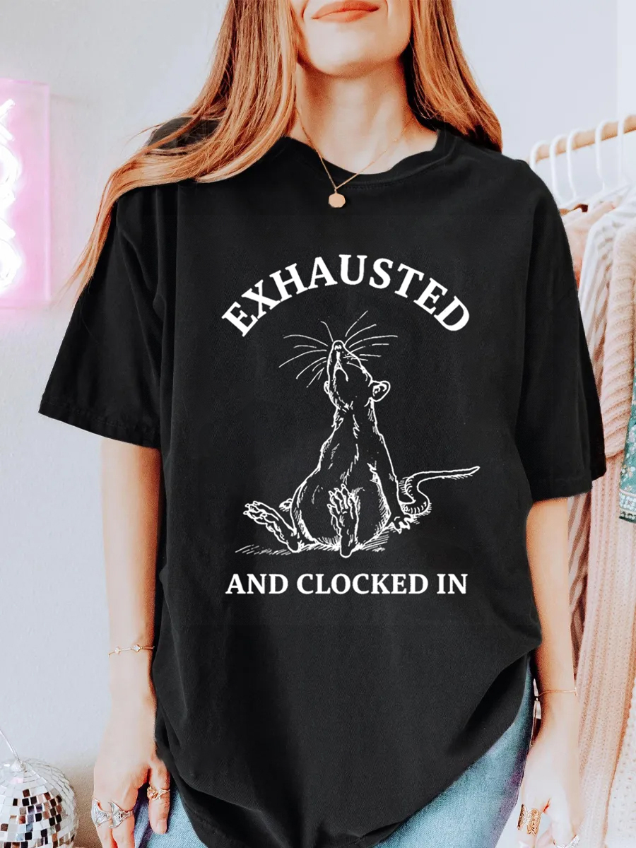 Vintage Exhausted And Clocked In Oversize Graphic Tee