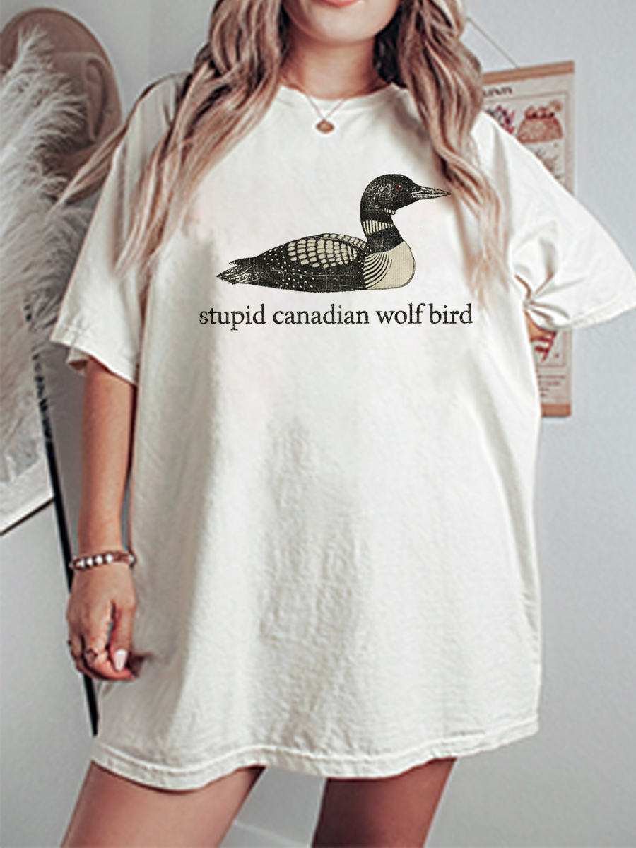 Vintage Stupid Canadian Wolf Bird Oversize Graphic Tee