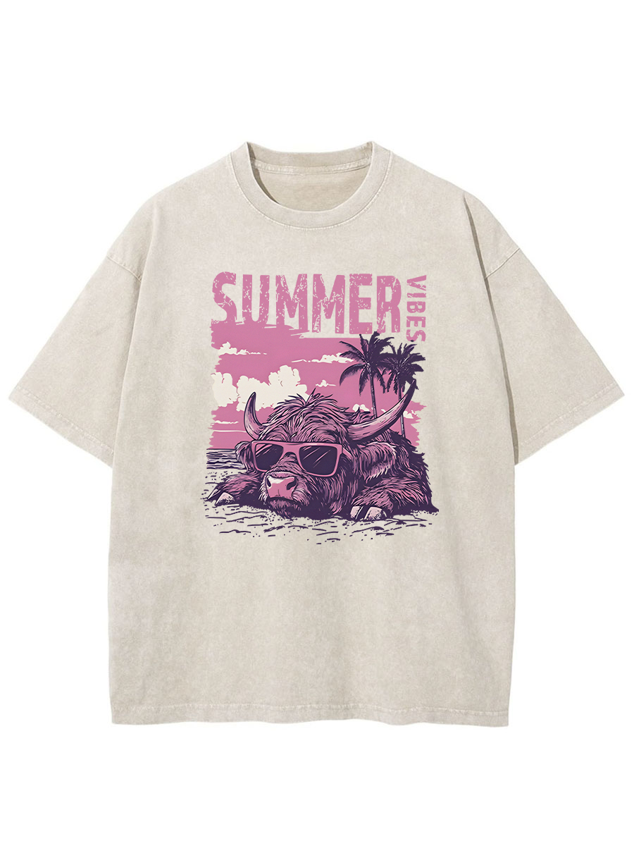 Vintage Summer Vibes Highland Cow Oversize Washed T-Shirt
