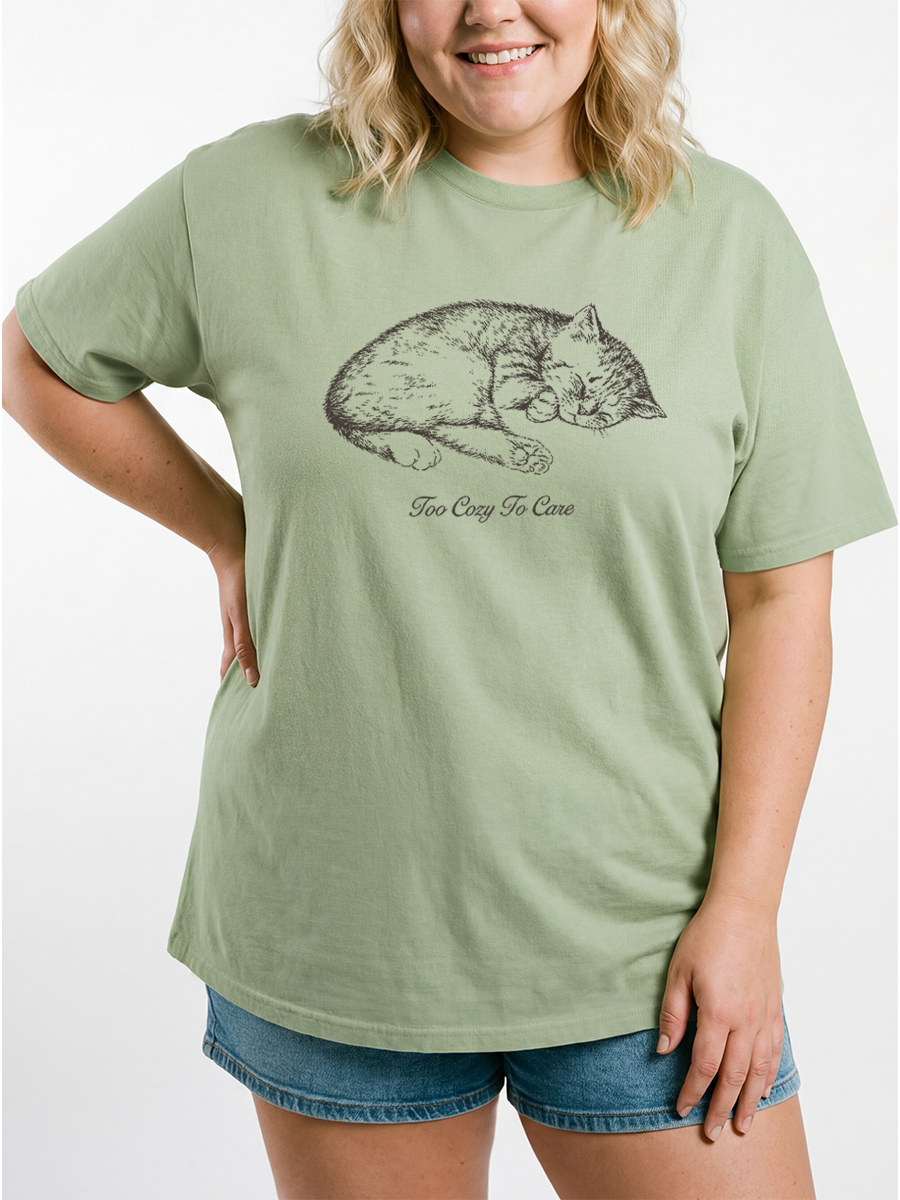 Vintage Too Cozy To Care Cat Oversize Graphic Tee