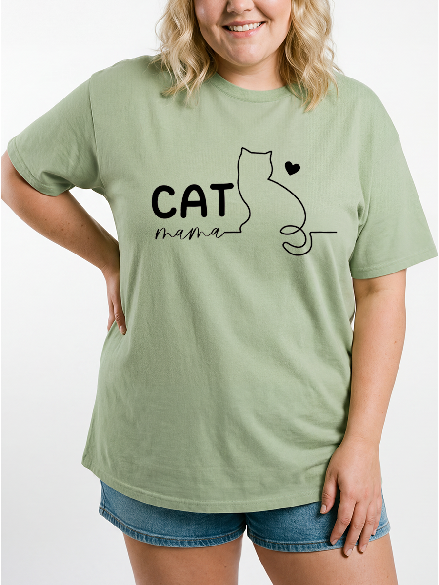 Vintage Minimalist Outline Cat Mama Oversize Graphic Tee