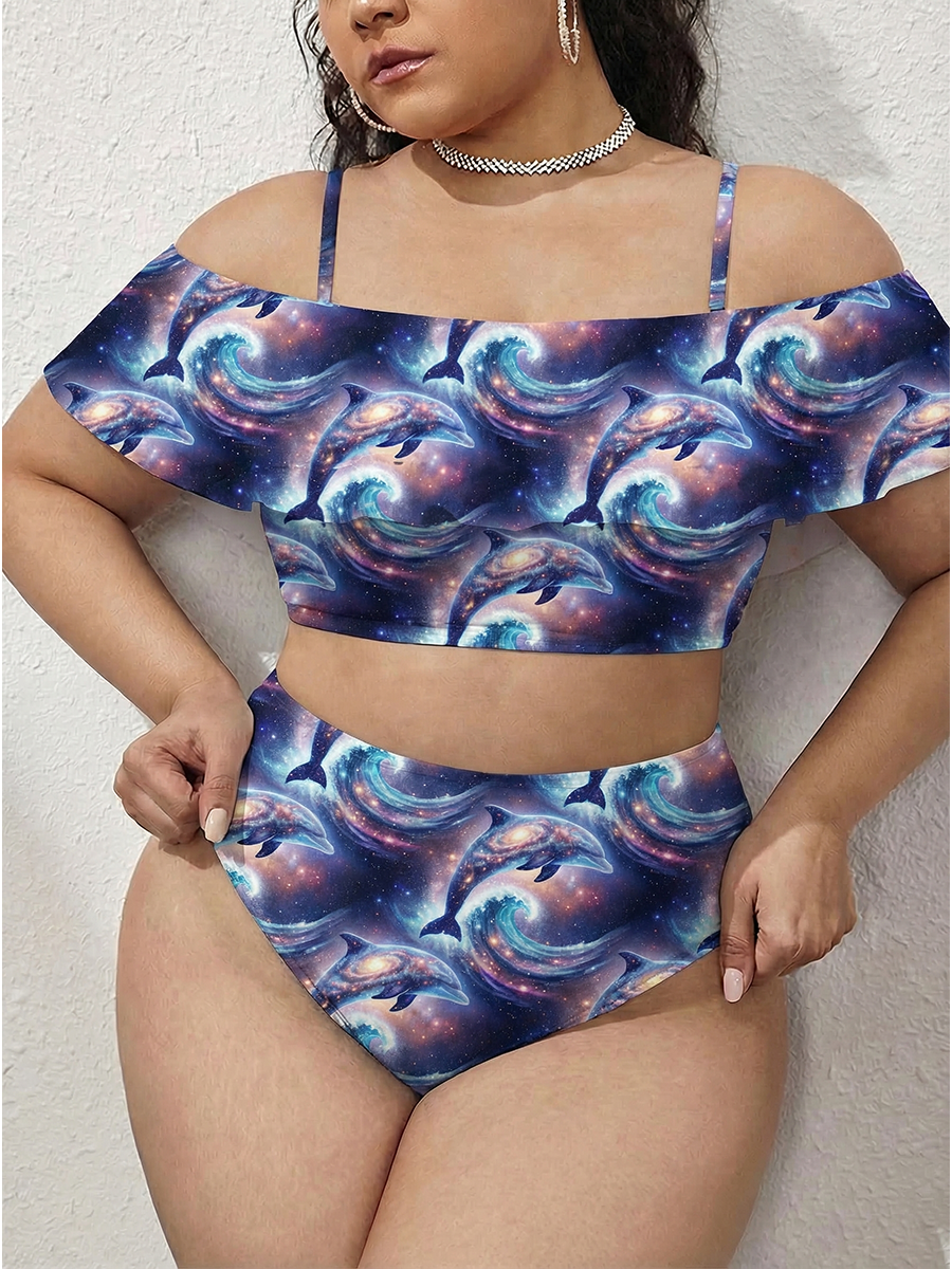 Vintage Dolphins Two Piece Ruffled Tankini Swimsuit