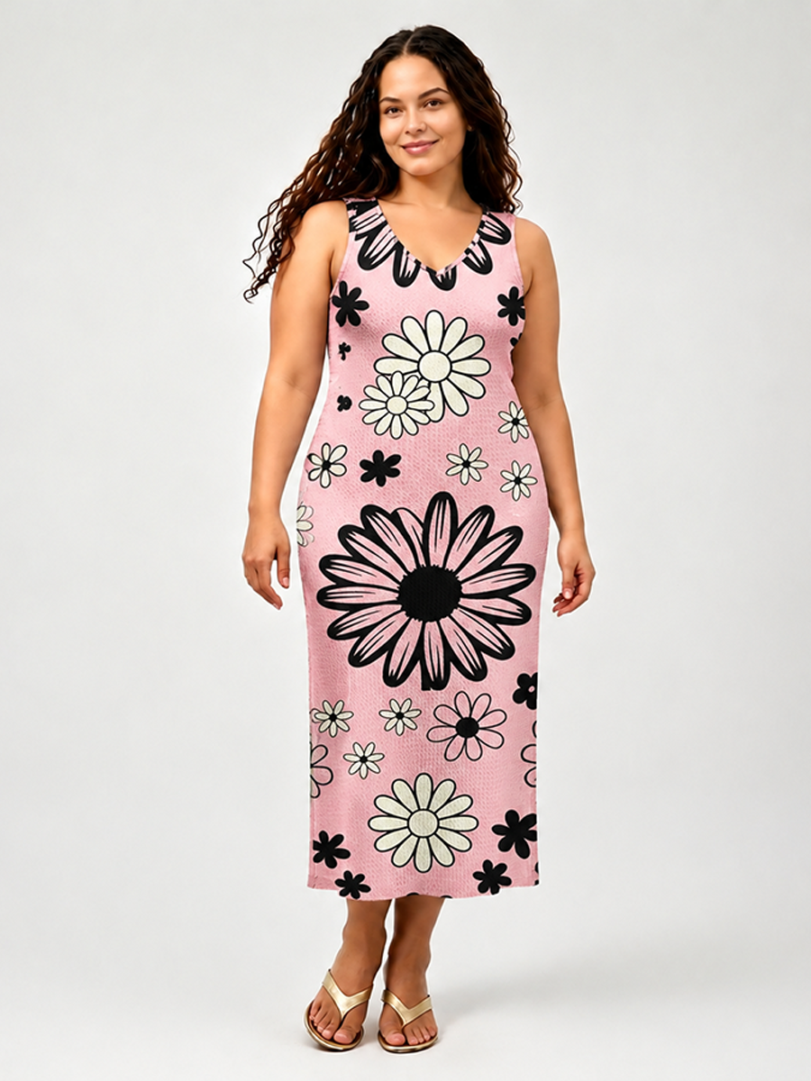 Whimsical Pop Art Flower Open Stitch Midi Dress