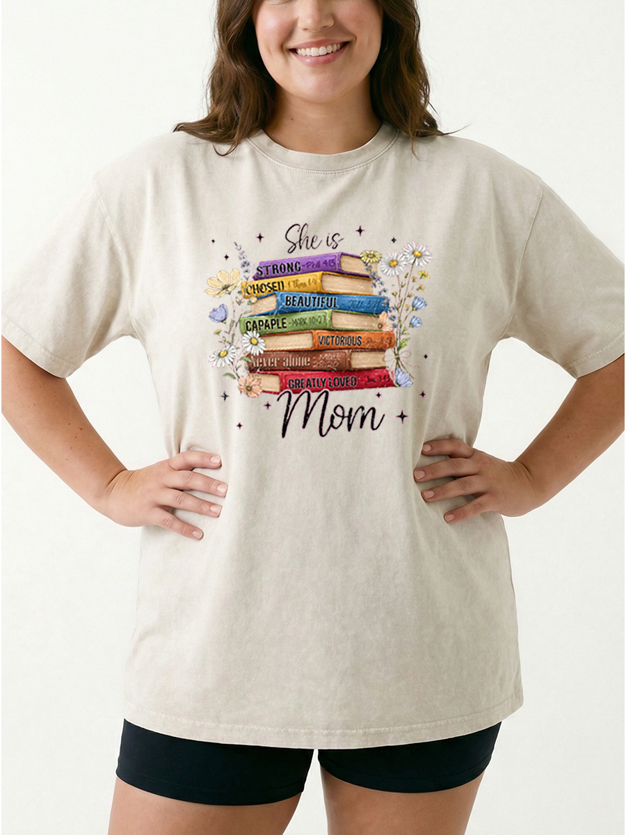 Vintage She Is Mom Floral Book Washed T-Shirt