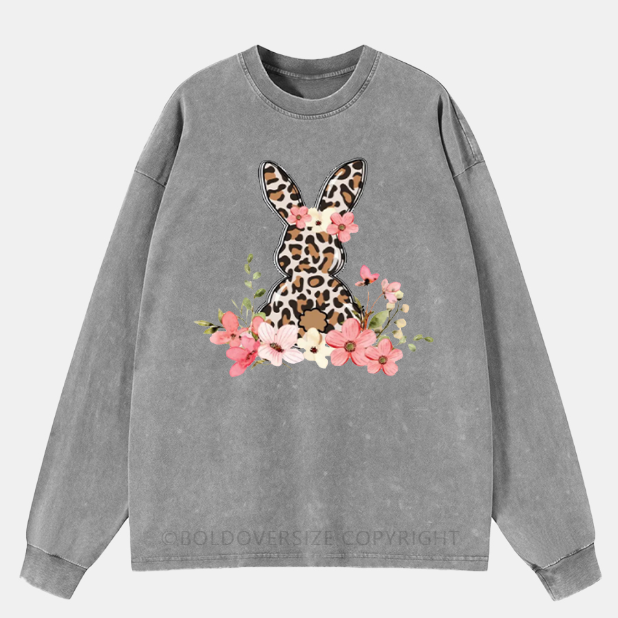 Vintage Floral Leopard Bunny Washed Long Sleeve Shirt