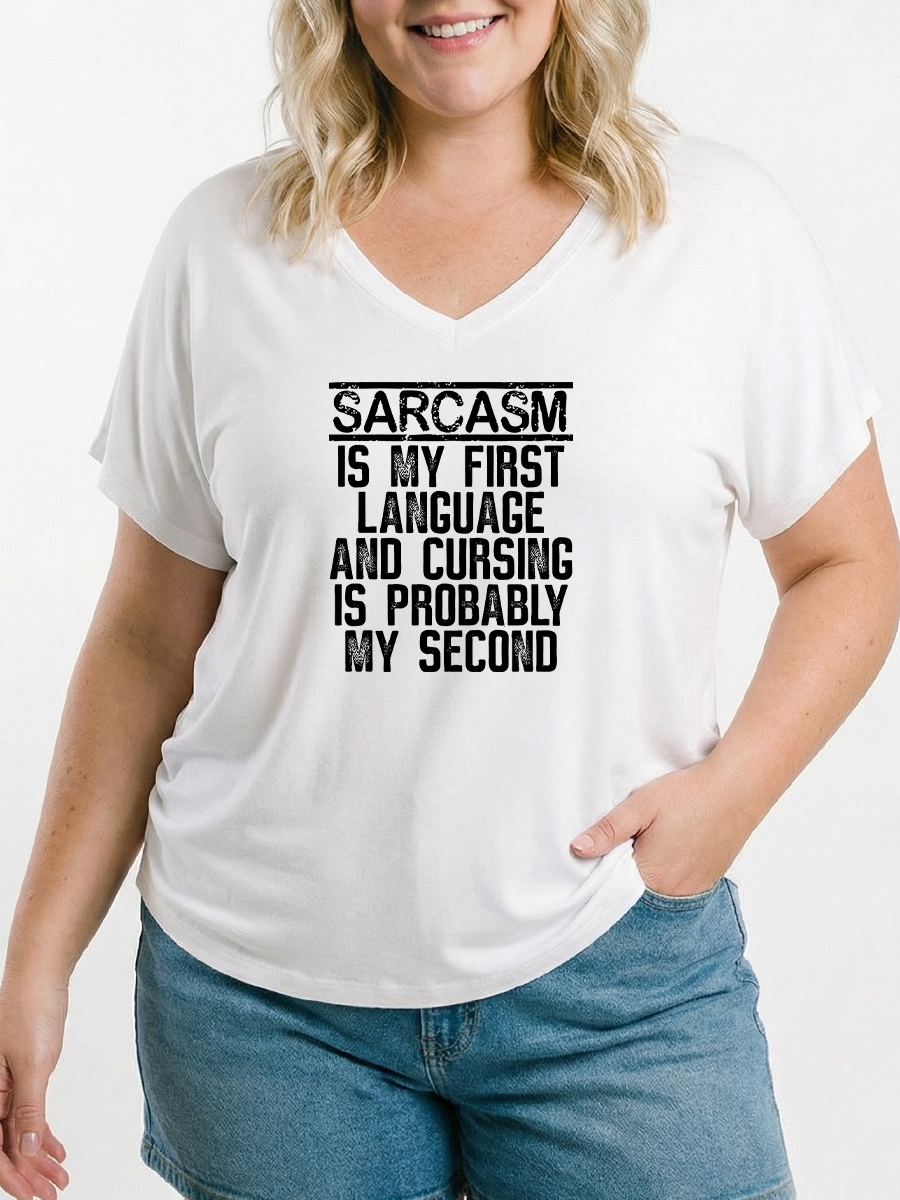 Vintage Sarcasm Is My First Language And Cursing Is Probably My Second Women's Modal V-Neck Slim Fit Sleeve Soft Graphic T-Shirt