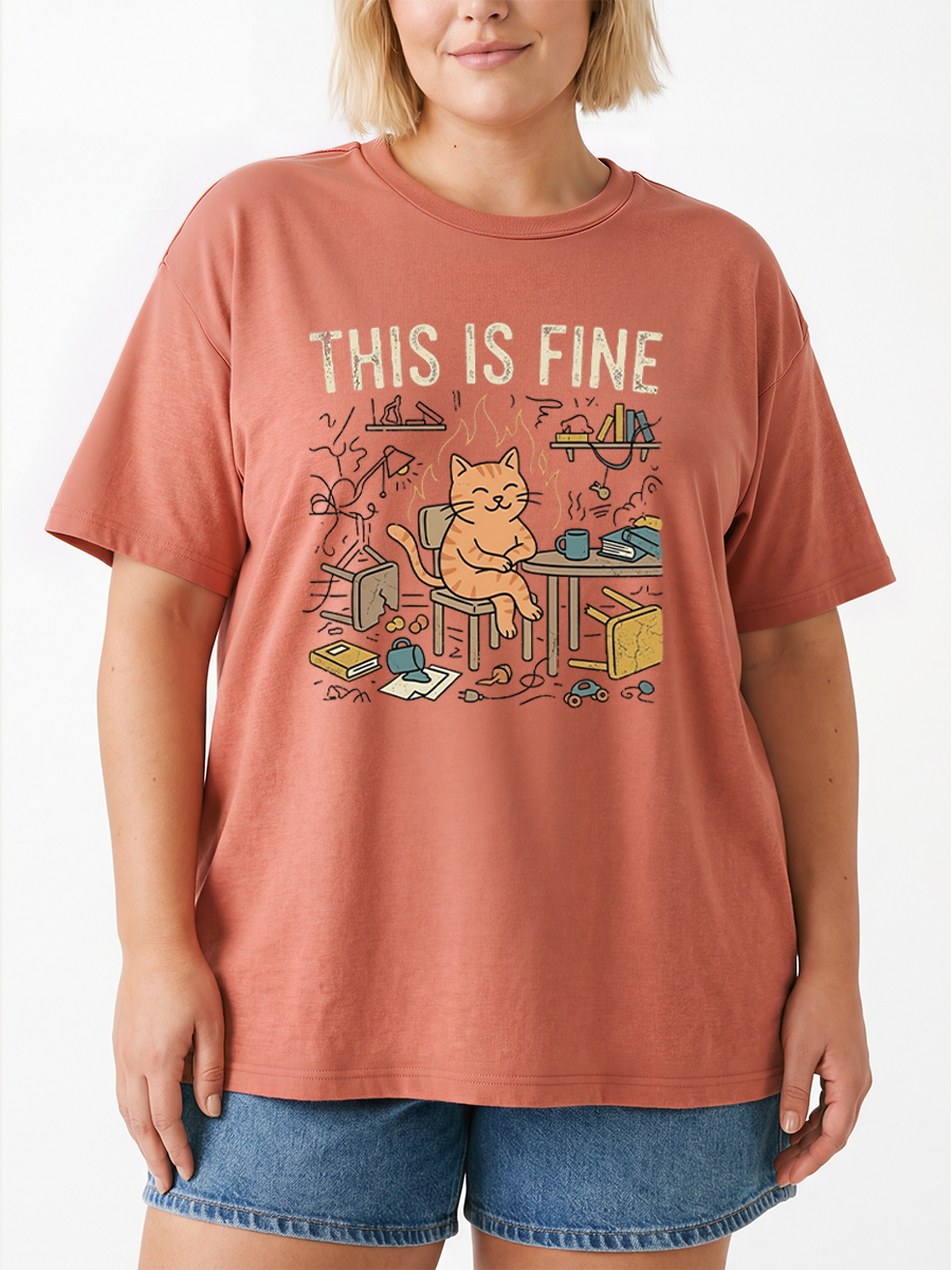 Vintage This Is Fine Calm Cat Oversize Graphic Tee
