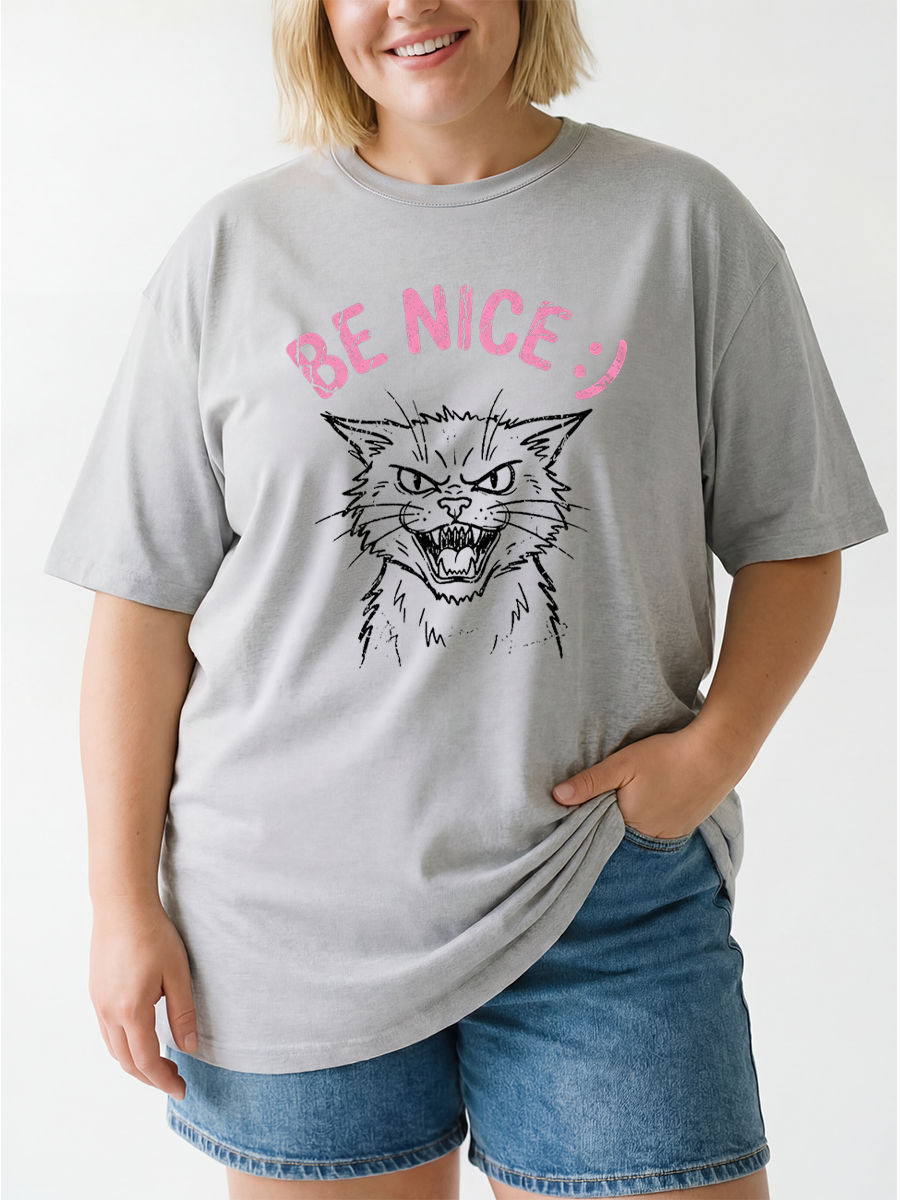 Vintage Be Nice Angry Cat Oversize Graphic Tee