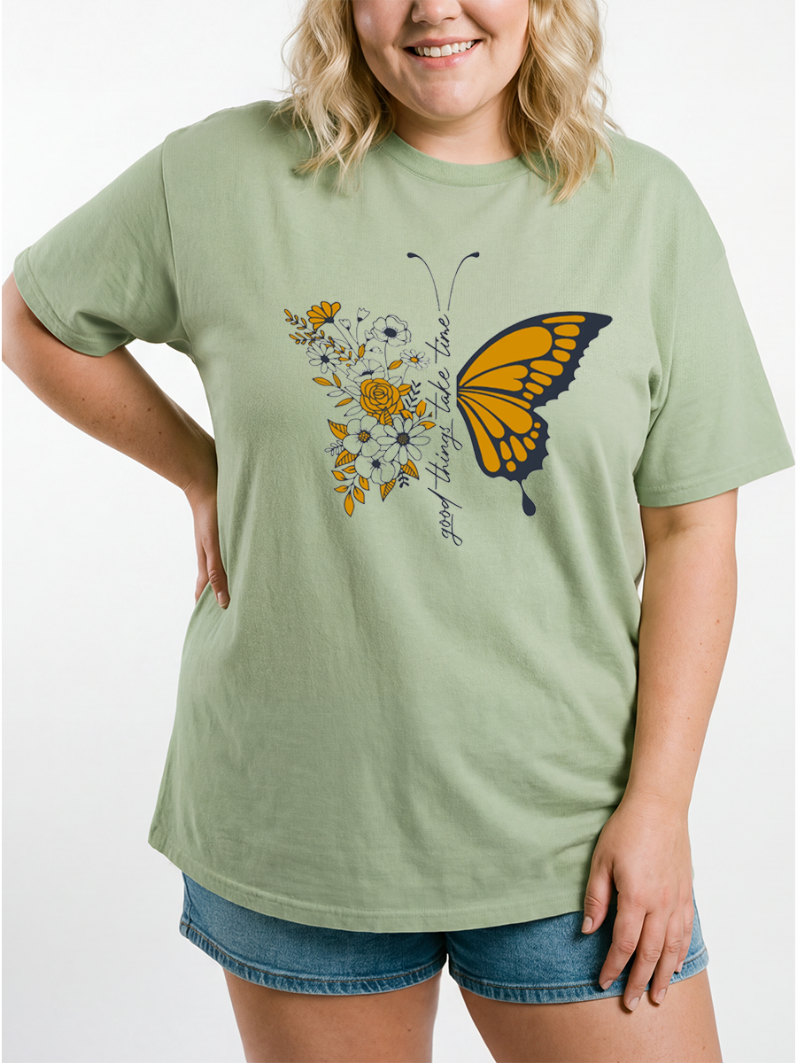 Vintage Good Things Take Time Butterfly Flower Bouquet Oversize Graphic Tee