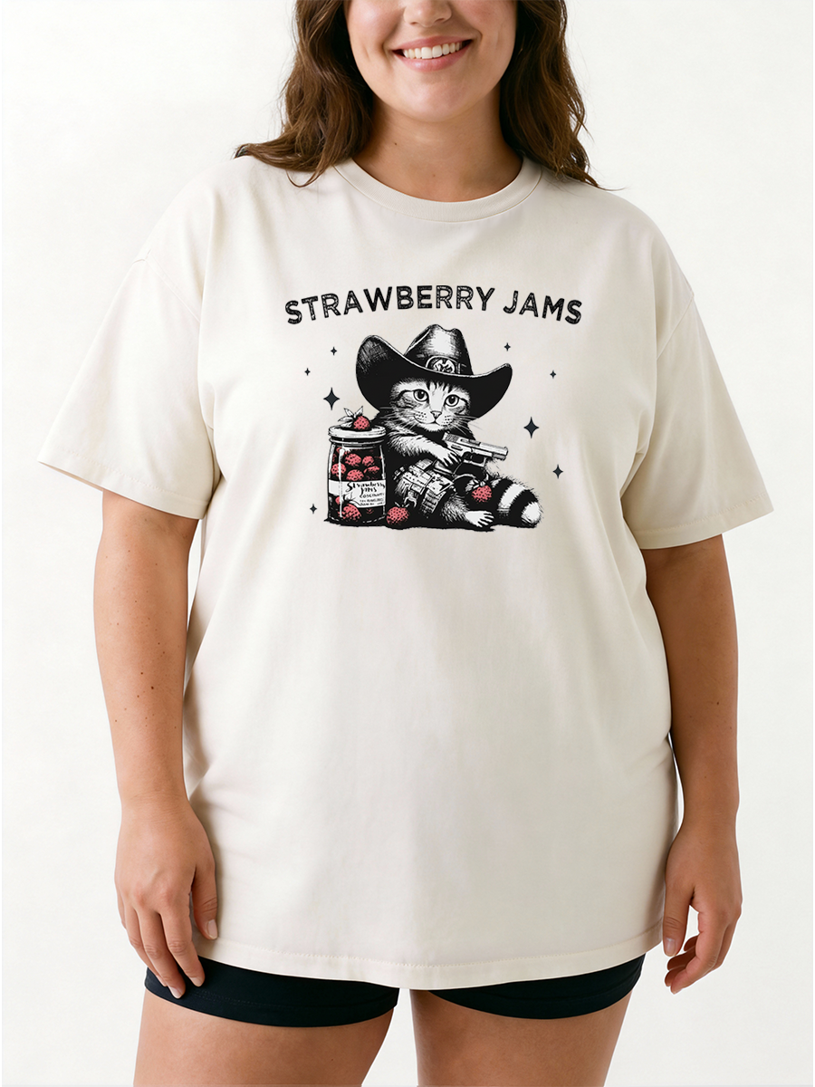 Vintage Strawberry Jams But My Glock Don'T Funny Cat Oversize Graphic Tee