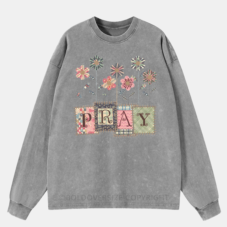 Vintage Floral Pray Christian Washed Long Sleeve Shirt
