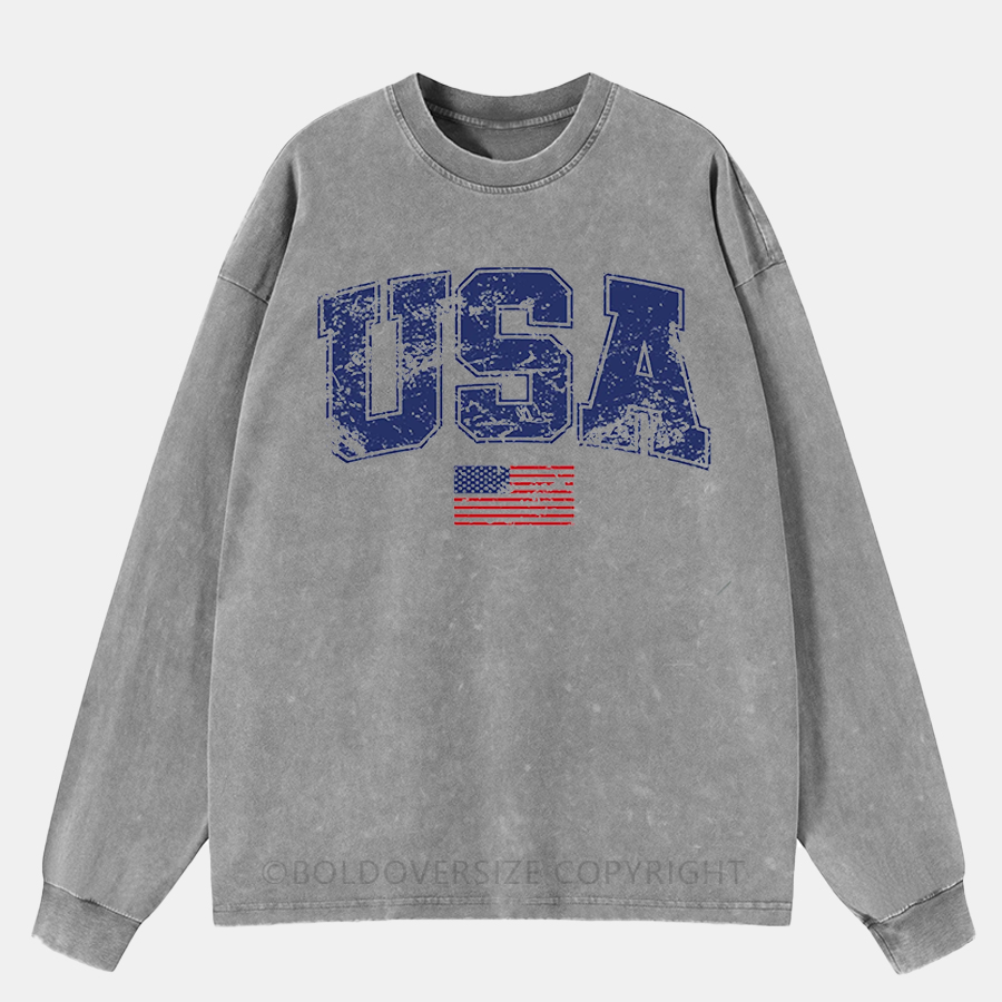 Vintage Retro Usa Washed Long Sleeve Shirt
