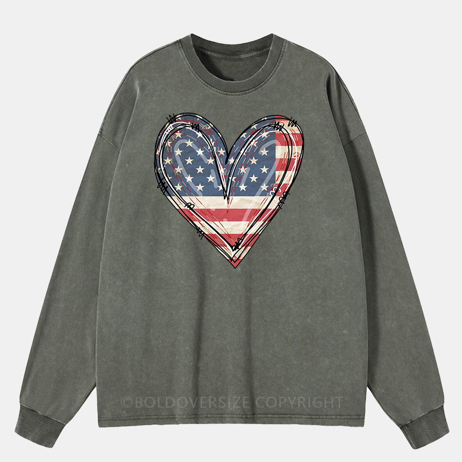 Vintage 4Th Of July American Flag Heart Washed Long Sleeve Shirt