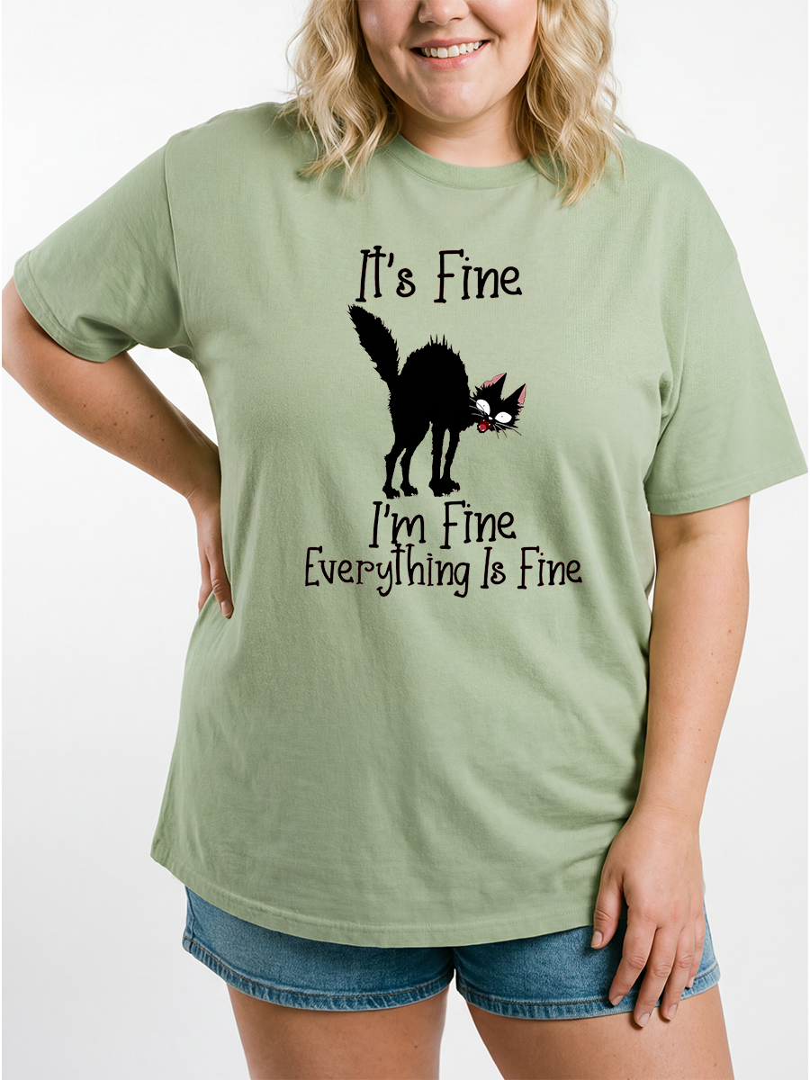 Vintage Everything Is Fine Funny Cat Oversize Graphic Tee