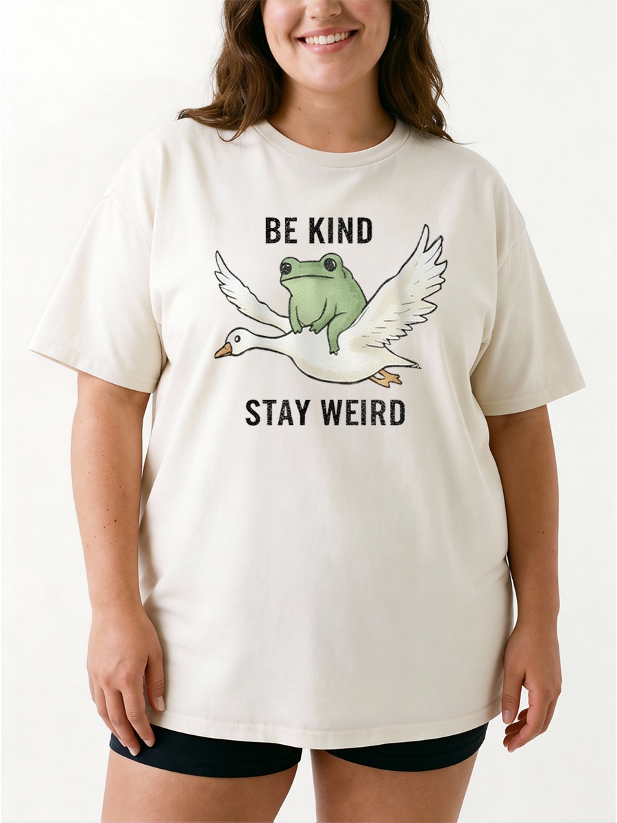 Vintage Be Kind Stay Weird Funny Frog Riding Goose Oversize Graphic Tee
