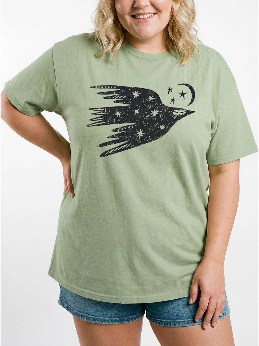 Vintage Flying Bird Night Sky Moon Stars Oversize Graphic Tee