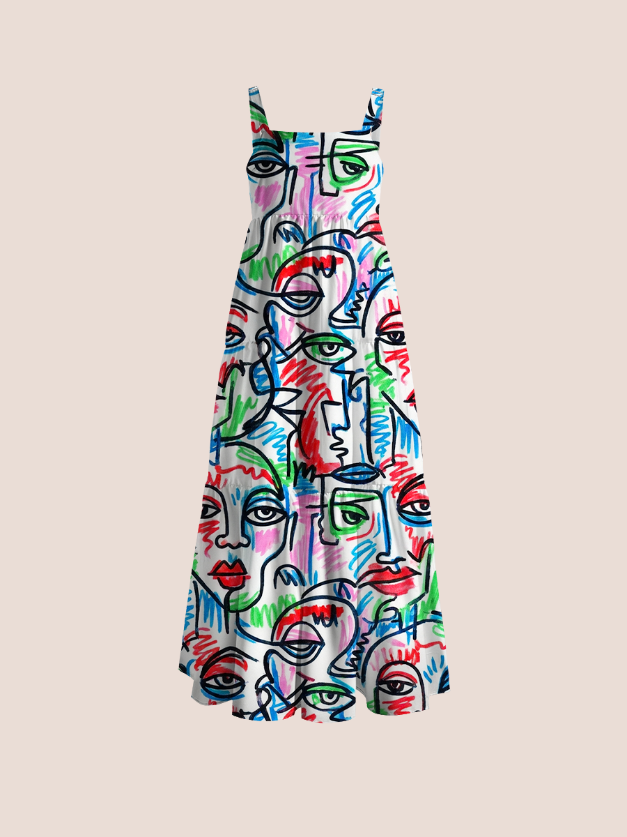 Colorful Abstract Line-Art Faces Adjustable Wide Straps Maxi Dress