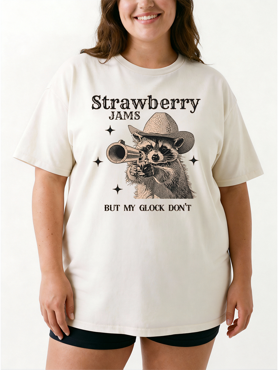 Vintage Strawberry Jams But My Glock Don'T Funny Raccoon Oversize Graphic Tee
