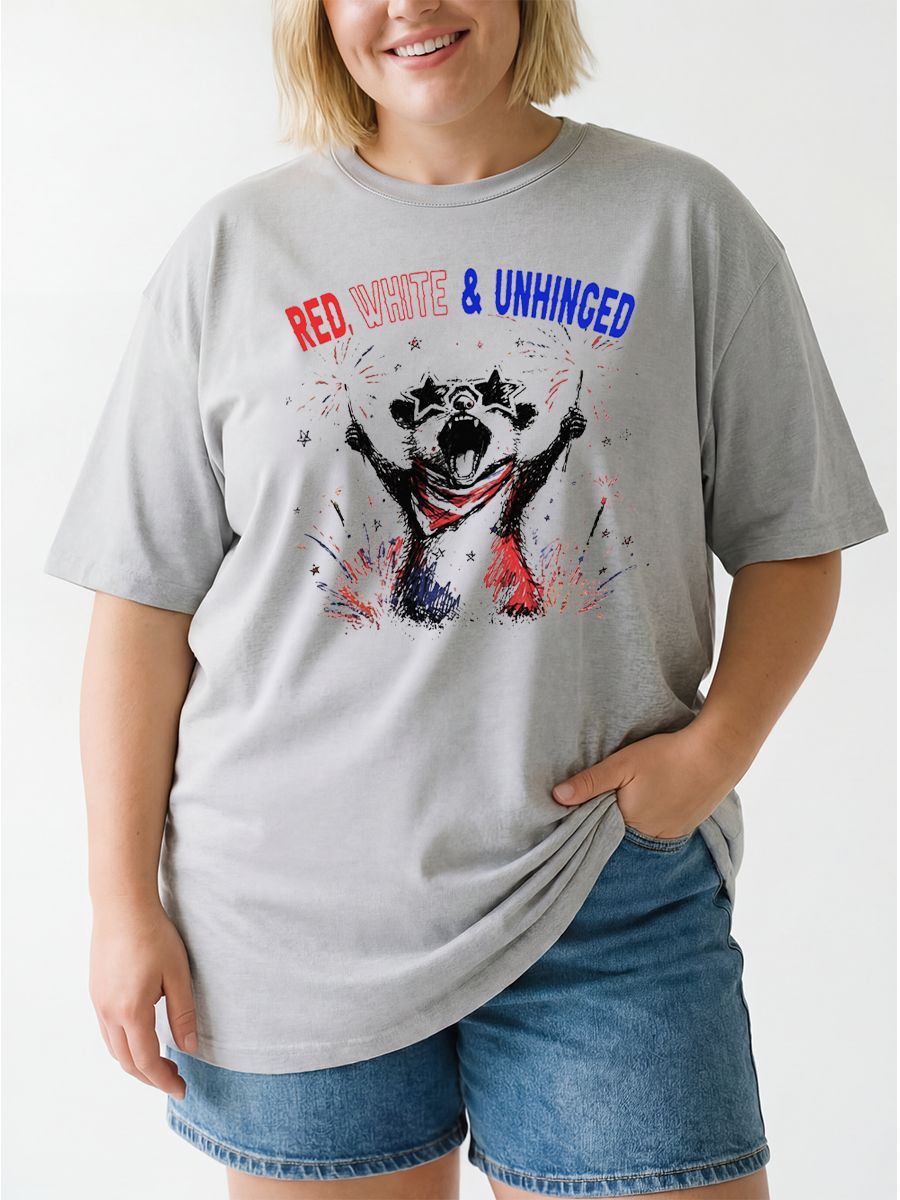 Vintage Red White Unhinched Funny Raccoon 4Th Of July Oversize Graphic Tee