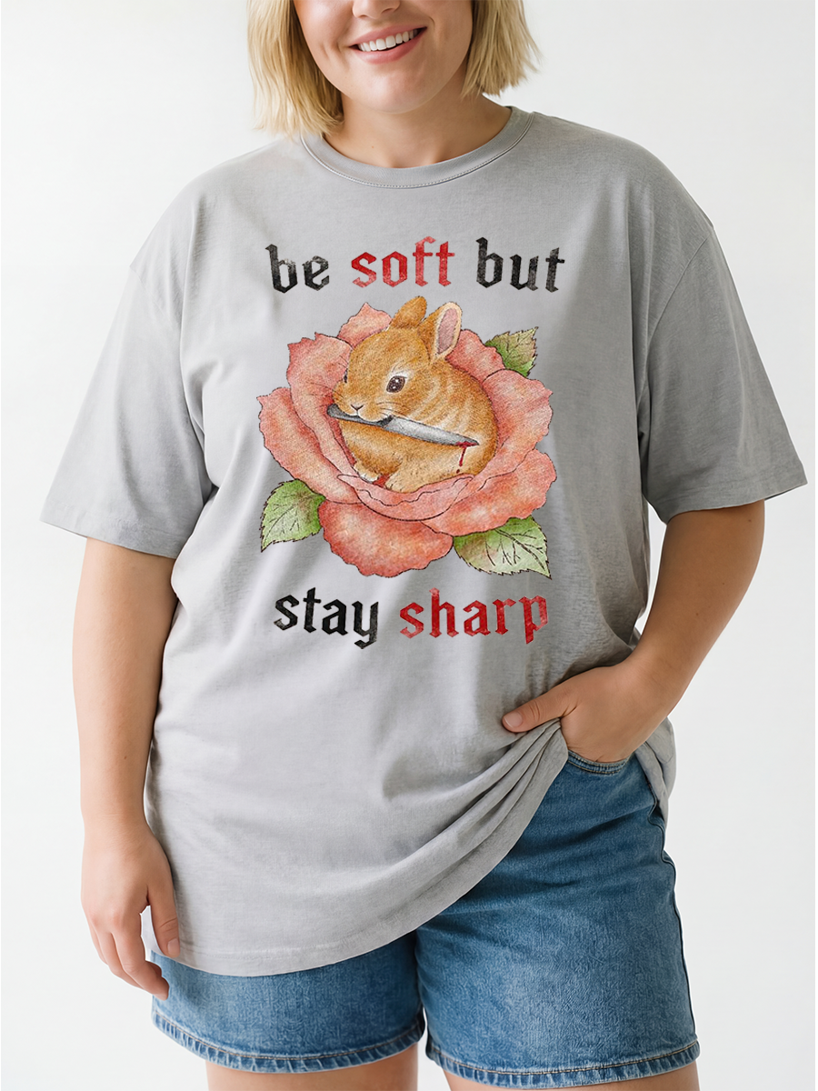 Vintage Be Soft But Stay Sharp Funny Bunny Oversize Graphic Tee