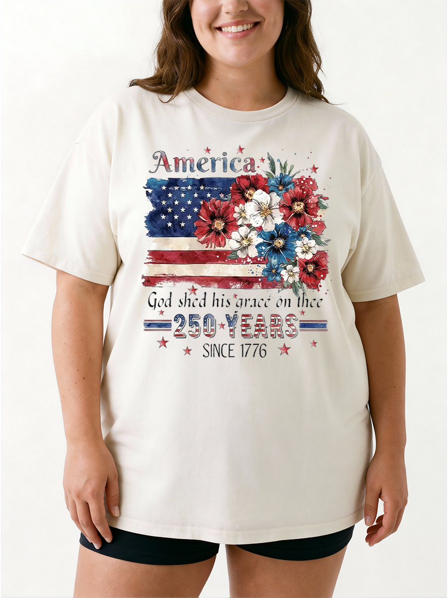 Vintage Usa 250Th Patriotic Wildflower Oversize Graphic Tee