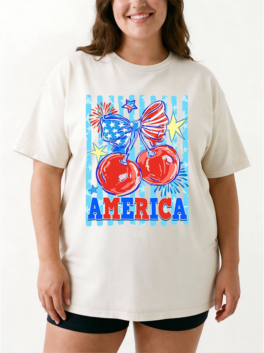 Vintage 4Th Of July Cherry America Coquette Oversize Graphic Tee