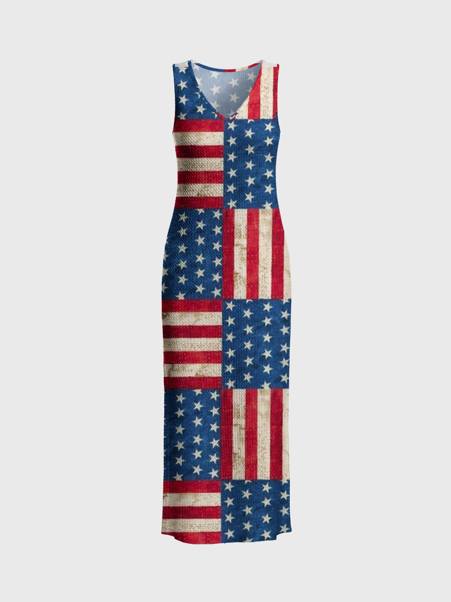 American Flag Patchwork Open Stitch Midi Dress
