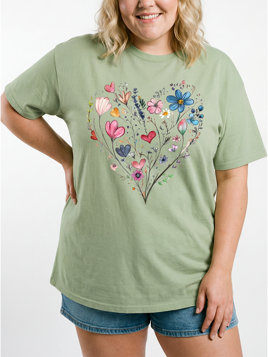 Vintage  Botanical Floral Heart Oversize Graphic Tee